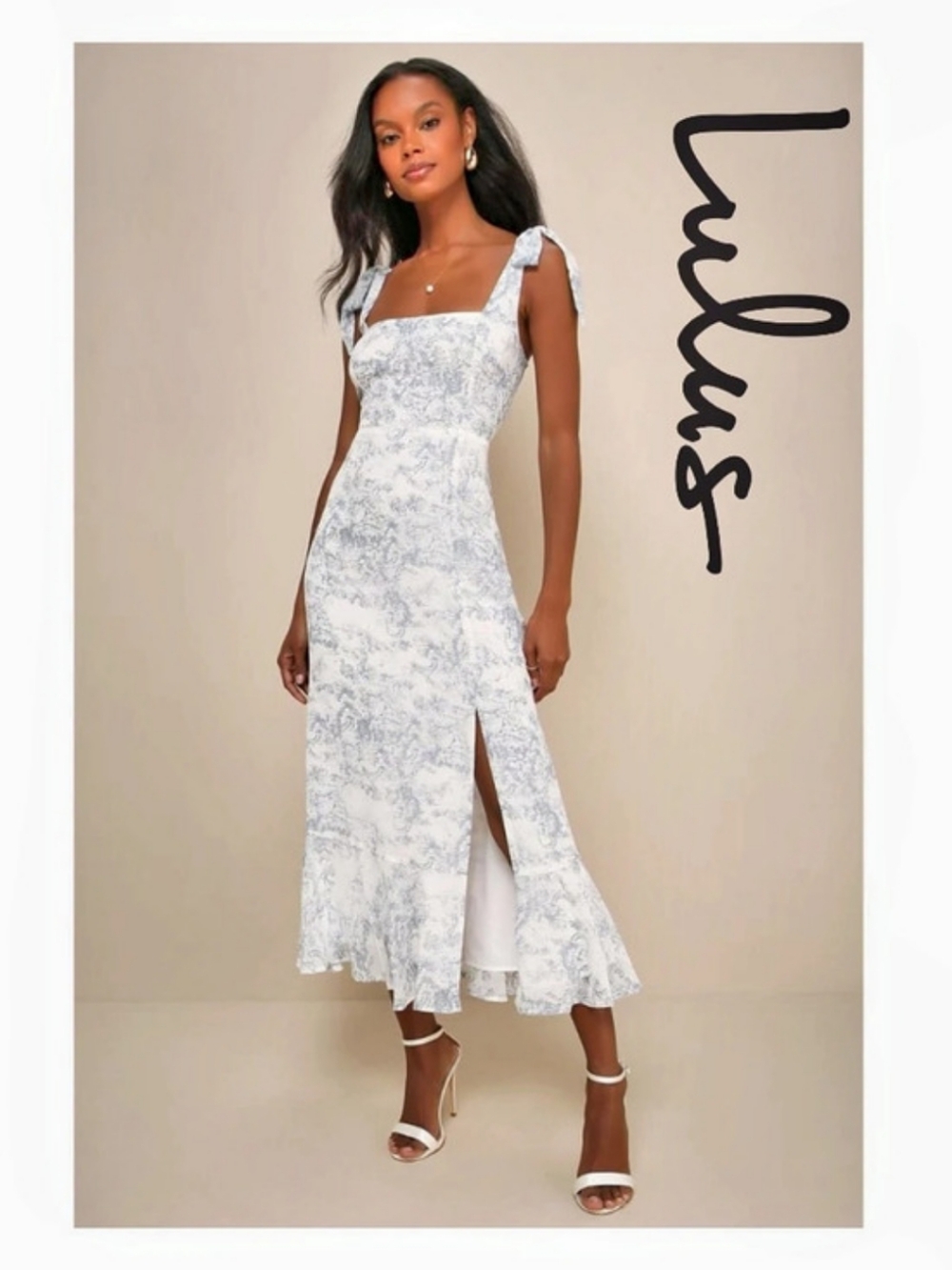 Lulus Summer Invite White and Blue Toile Tie-Strap Tiered Midi Dress